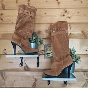 Michael Kors Kincade Slouch Boots Brown Luggage Suede Leather Platform Heels 9 M